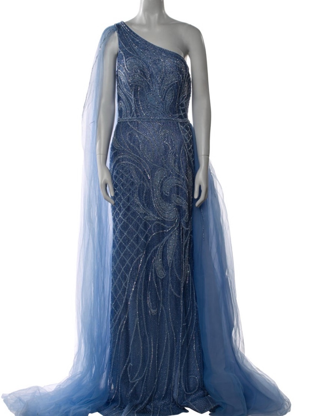 One-Shoulder Beaded Blue Evening Gown with Tulle Cape